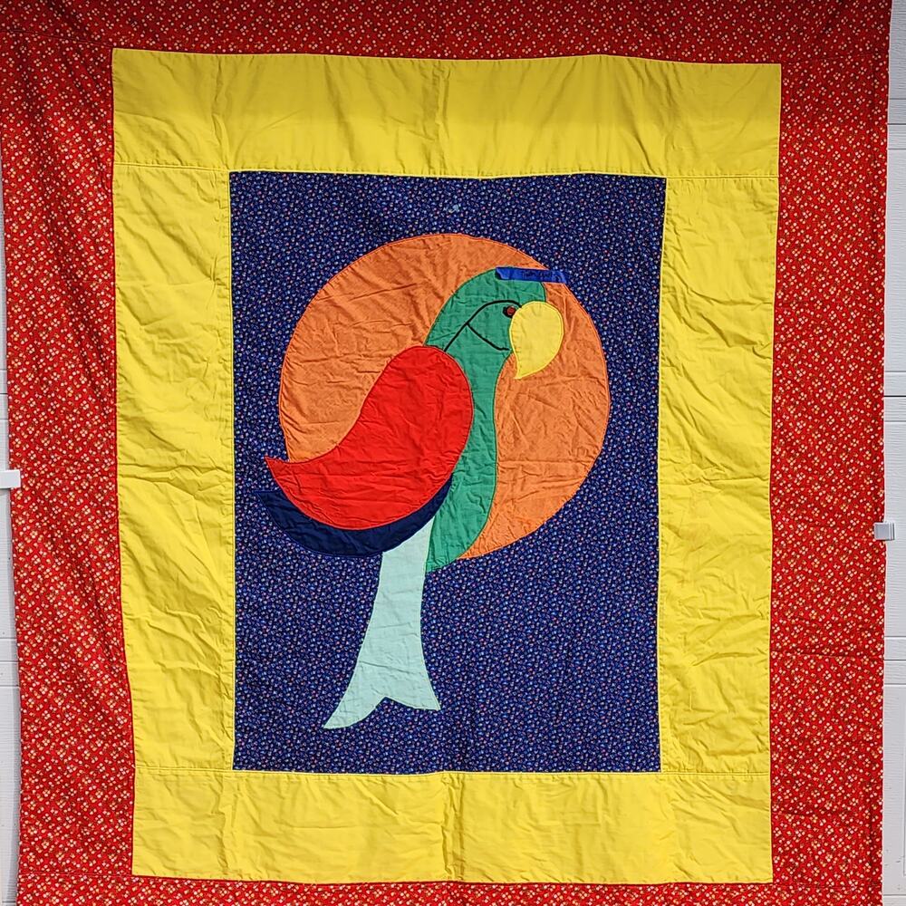 PARROT & MOON  Handmade Crafted Quilt Red Floral Reverse Twin 83x69 Vintage 1982